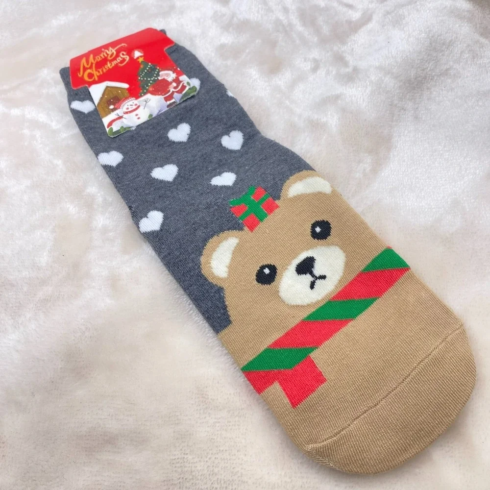 Bear Christmas Socks Hearts Tan Blue Grey Novelty Holiday One Size NEW